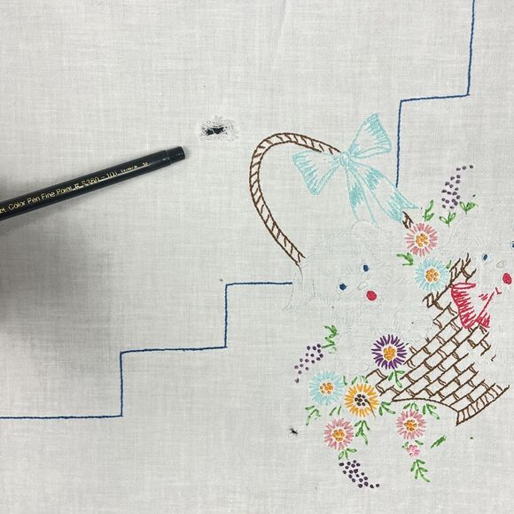 2 VTG kitchen Tablecloth Material 33in x 33in Hand Embroidered Flowers 1950s MCM - Picture 15 of 16